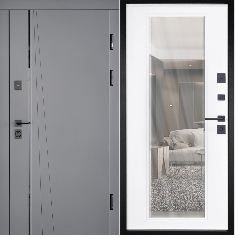 Дверь входная Abwehr КС (562+544) 086R (АСФ)+(СМБ) зеркало асфальт / белый супермат 2050х860 мм правая