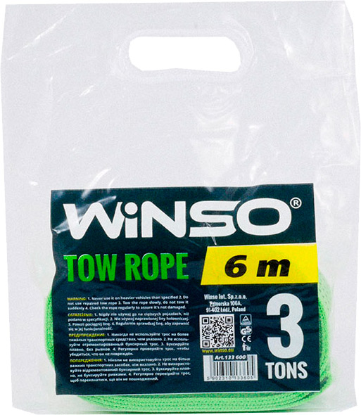 Трос буксирувальний WINSO 6 м 3 т з металевими гачками поліетиленова сумка (30 шт/уп) 133600 зелений