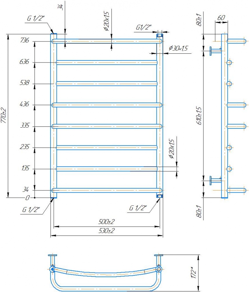 Рушникосушарка водяна Mario INOX Люкс 770х530/500