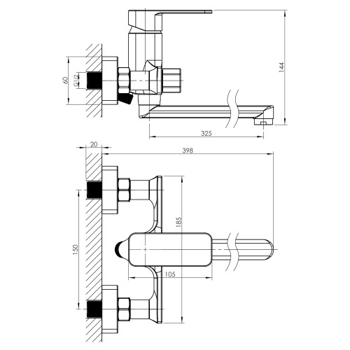 Змішувач для ванни Imprese SLANICE L-вилив 350 мм,хром