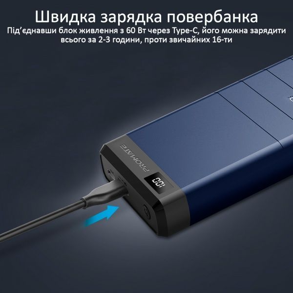 Універсальна мобільна батарея Promate Capital-30 78W, USB QC 3.0, USB-C Power Delivery 30000 mAh blue (capital-30.blue) 