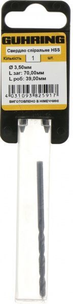 Сверло по металлу Guhring HSS 39x70 мм тип N 3.5 мм 322041980
