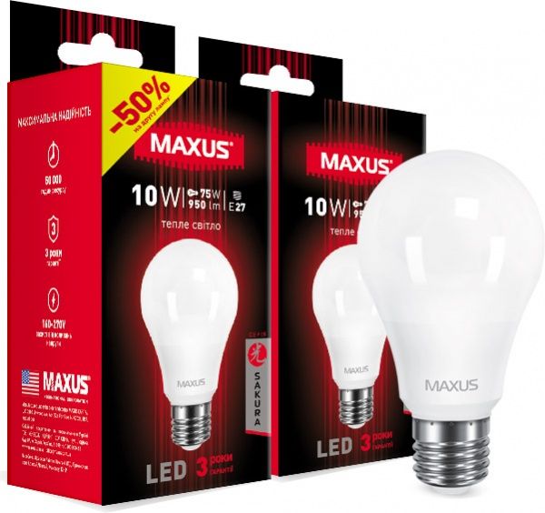 Лампа светодиодная Maxus Sakura 2-LED-663 2 шт./уп. 10 Вт A60 матовая E27 220 В 3000 К 