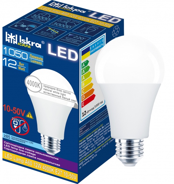 Лампа світлодіодна 12 Вт A60 матова E27 10 В 4000 К LED A60 12W 4000К E27 10-50V