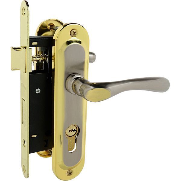 Замок врезной с ручками PZ 55910K6 (цилиндр цинк.60мм+3 кл) 55 мм никель/золотой