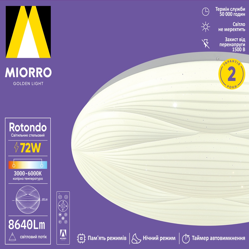 Светильник потолочный Miorro LED Rotondo с пультом 8640 Лм ∅480 мм 72 Вт белый 51-313-025