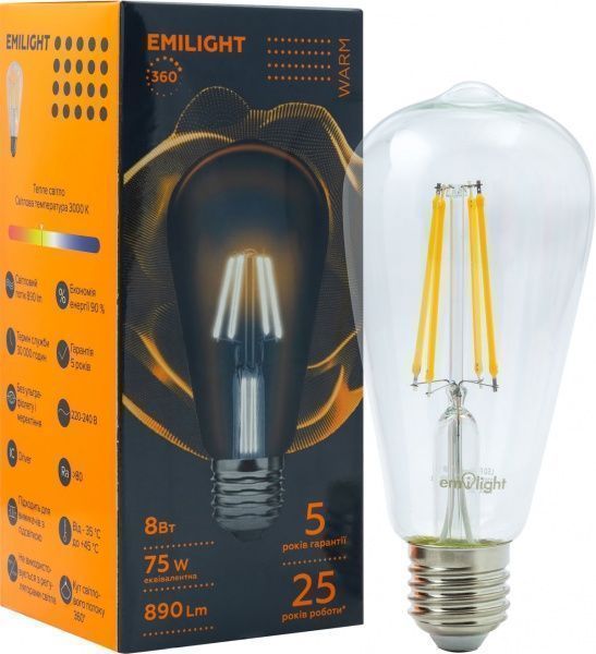 Лампа світлодіодна Emilight FIL ST64 8 Вт E27 3000 К 220 В прозора 