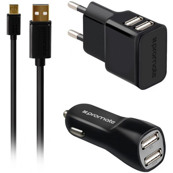 Зарядный комплект Promate ChargMate-EU2 Black + кабель Micro-USB 1.2 м + сетевое ЗУ 2.1 A 