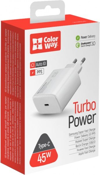 Сетевое зарядное устройство ColorWay Power Delivery Port PPS USB Type-C (45W) белый CW-CHS034PD-WT