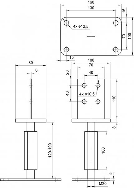 Опора колонны регулирующая Т-образная Н 120-180 мм 110x100x80 мм 6,5 мм 1 шт. 