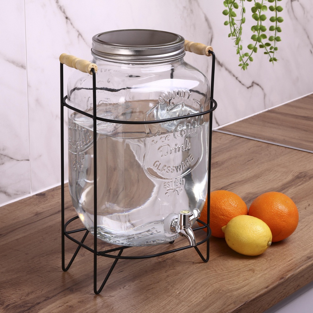 Емкость для напитков Water Drops 8 л с крышкой и краном на металлической подставке