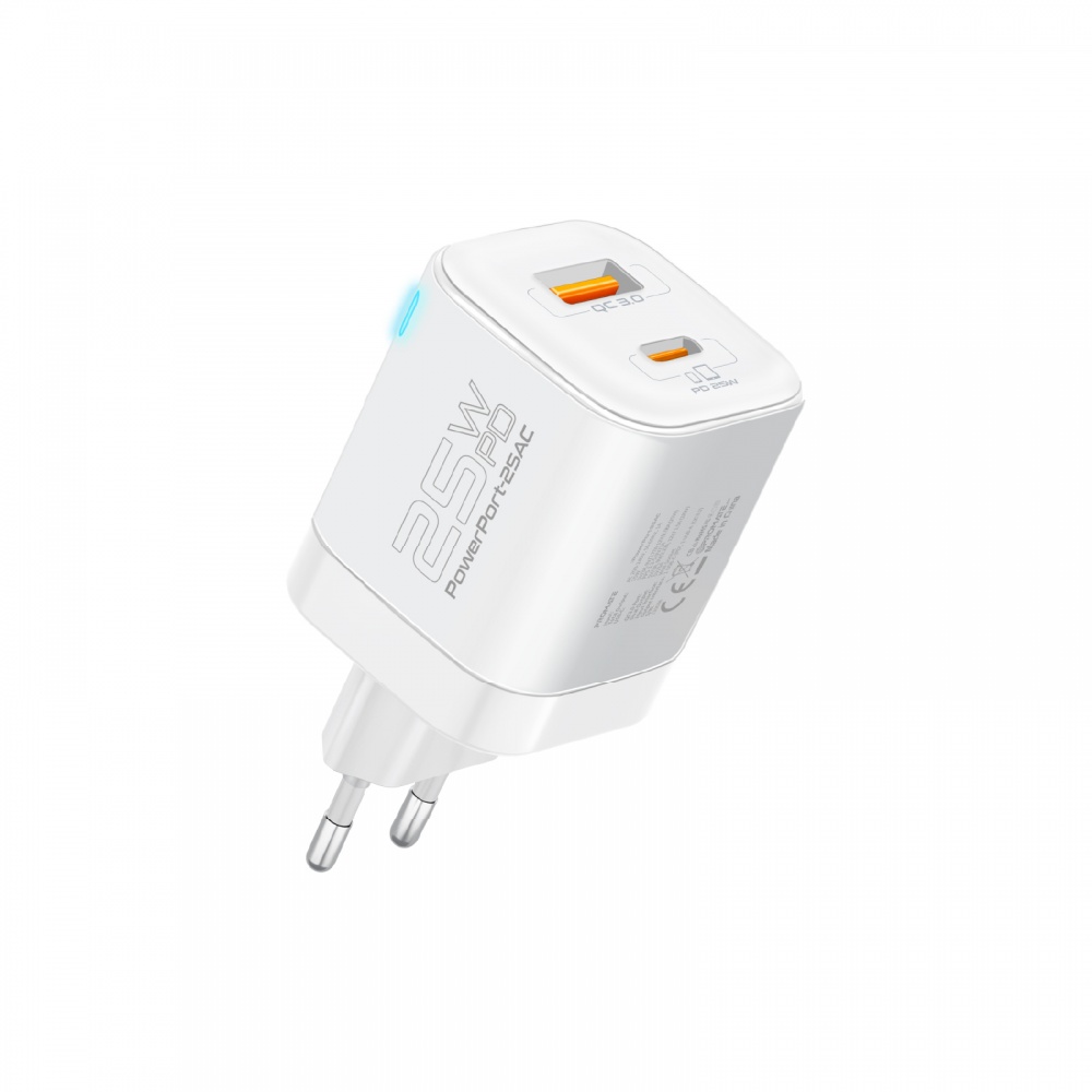 Сетевое зарядное устройство Promate 25W PD USB-A USB-C белый (powerport-25ac.white)
