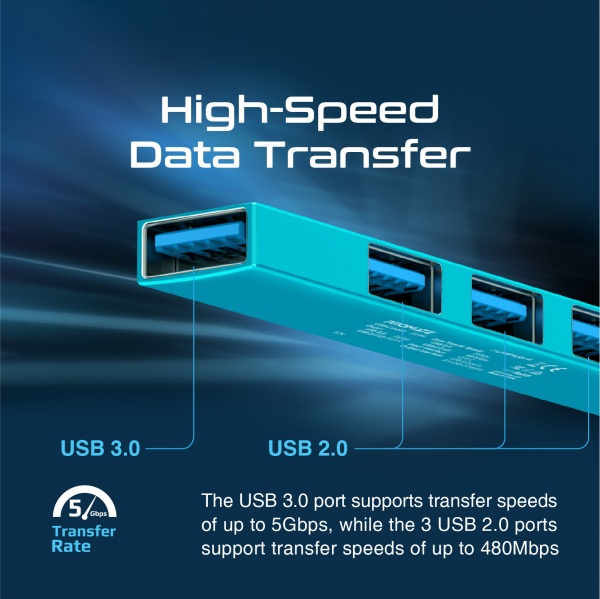 USB-хаб Promate USB-С LiteHub-4 3xUSB 2.0 + USB 3.0 blue