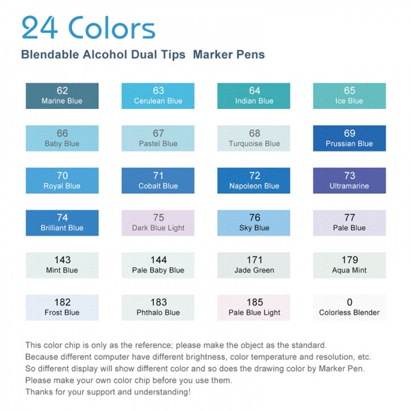 Набор маркеров Arrtx спиртовых Alp ASM-02BU 24 цвета синие оттенки LC302215 