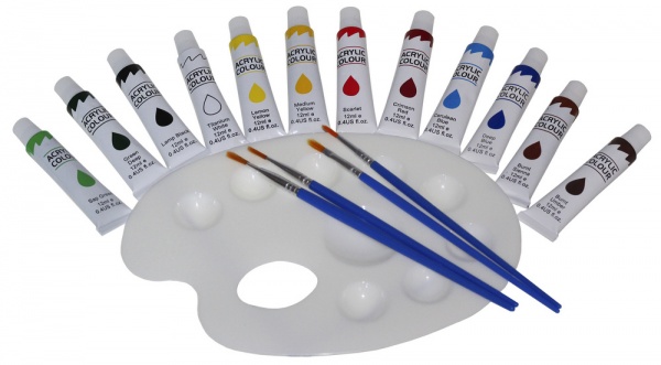 Набір акрилових фарб 12 кольорів + 4 пензлики + 1 палітра 7652C 12 мл CLASS