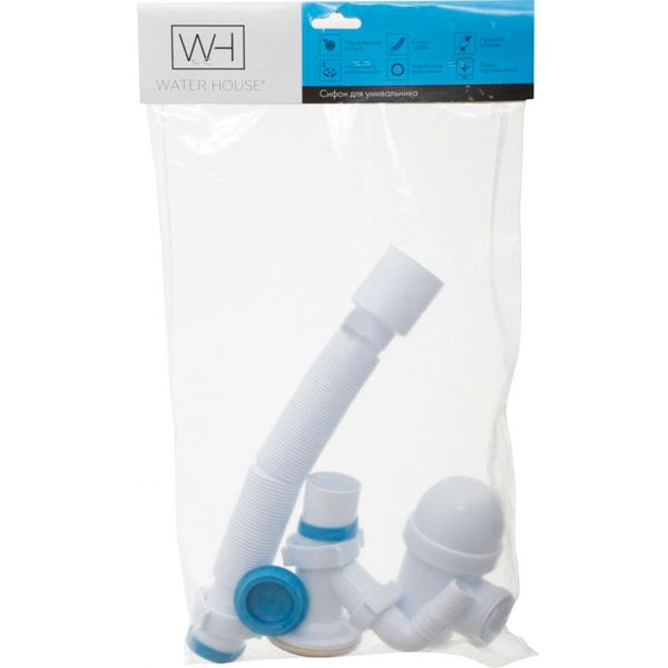 Сифон для умывальника Water House монолитный выпуск, сетка, подкл. быт. техн., гибкая труба 40 * 50 LN 03.01