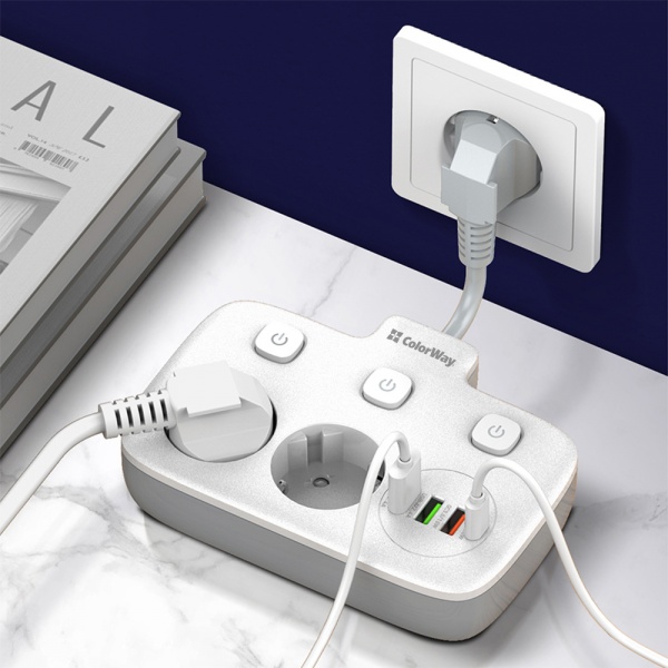 Сетевой фильтр COLOR WAY 2x220V/3xUSB-A/1xUSB-C white с заземлением 2 гн. white CW-CHE24PDW 