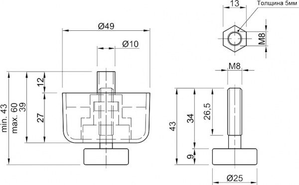 Мебельная ножка DC регулируемая L-27 D50 P9 