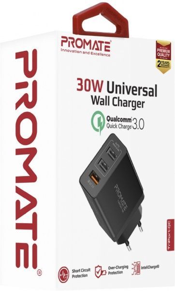 Зарядное устройство Promate TriPort-QC 30Вт USB QC3.0 + 2 USB Black 