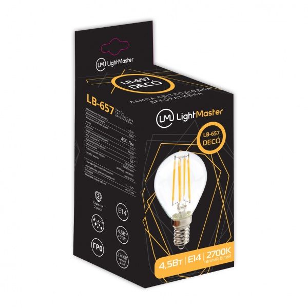 Лампа світлодіодна LightMaster FIL Deco 4,5 Вт E14 2700 К 220 В прозора LB-657 P45 4.5W E14 2700K 
