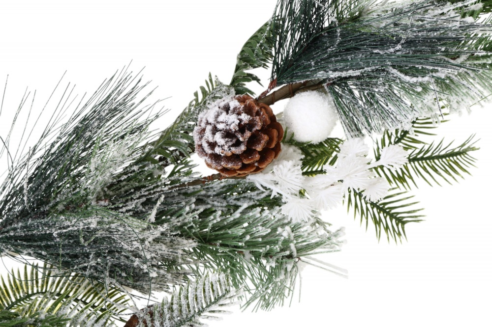 Веточка декоративная заснеженный хвойный микс с ягодами шишками бело-зеленый 120 см