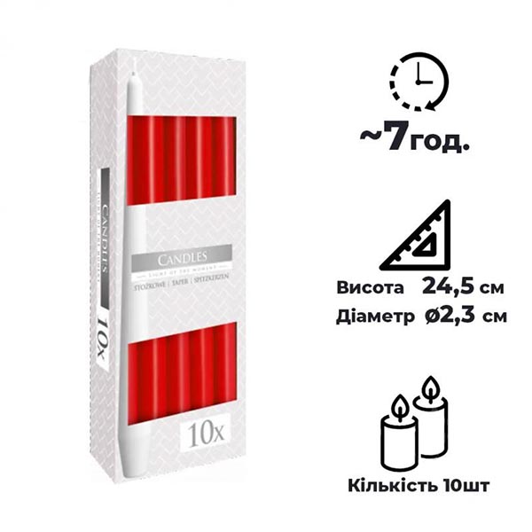 Набор конусных свечей 245/24, 10шт, Красный Bolsius