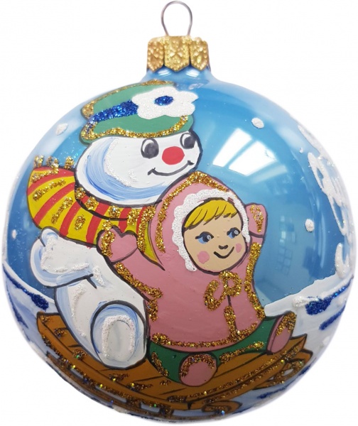 Шар новогодний Юріта Снеговик с девочкой на санках d 110 мм голубой E100296M
