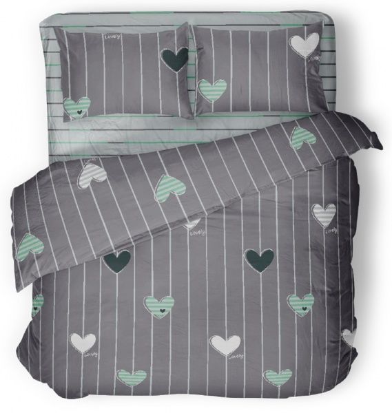 Комплект постельного белья Green hearts 2 серый с зеленым La Nuit 