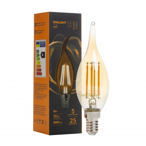 Лампа світлодіодна Emilight Gold CA35 9 Вт E14 3000 К 220 В прозора Filament C35-9W-3000K-E14-ТG п 