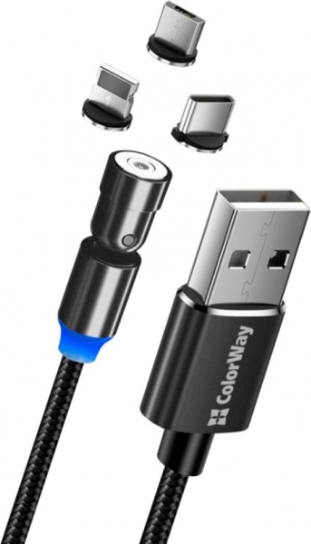Кабель ColorWay USB - 3в1 Lightning + Micro 5P + Type-C Magnetic Rotation 540 ° 1 м чорний 