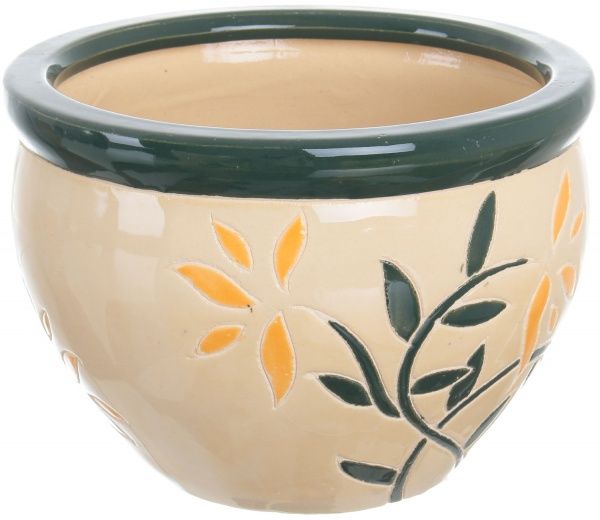 Горшок Viet Thanh Ceramic с блюдцем веточка 23х16 см VT.10051-2 круглый бежевый с зеленым 