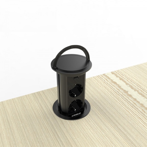 Розетка меблева + USB подвійна із заземленням Livolo C7 IP44 чорний VL-SHS019-FCTC-B