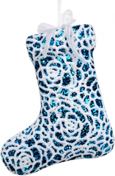 Елочная игрушка Валенок синий в кружеве 15 см 