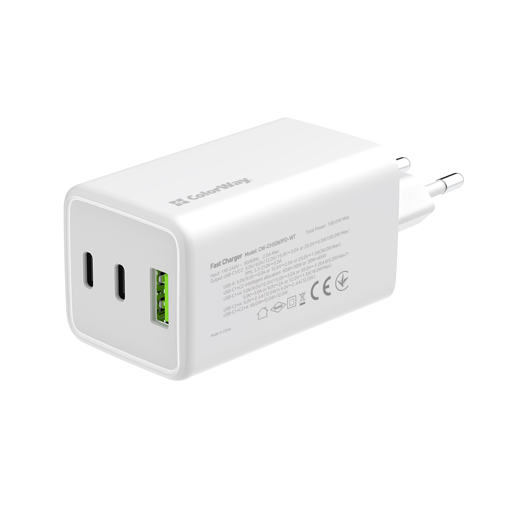 Мережевий зарядний пристрій ColorWay GaN Mini 100W PD Port PPS USB (USB-2C1A) білий (CW-CHS061PD-WT)