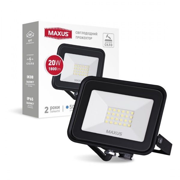 Прожектор світлодіодний Maxus 20 Вт чорний 1-MFL-04-2050 