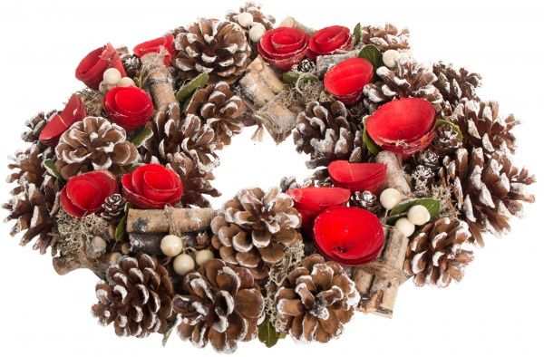 Вінок новорічний з шишками та червоними квітами d330 мм 70100010  