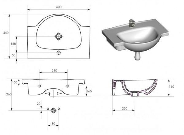 Умывальник Cersanit мебельный NATI 60 с отверстием для арматуры