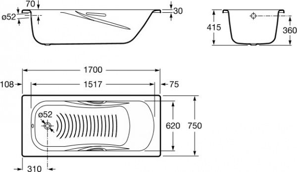 Ванна стальная ROCA Princess 170x75 A220270001 с ручками
