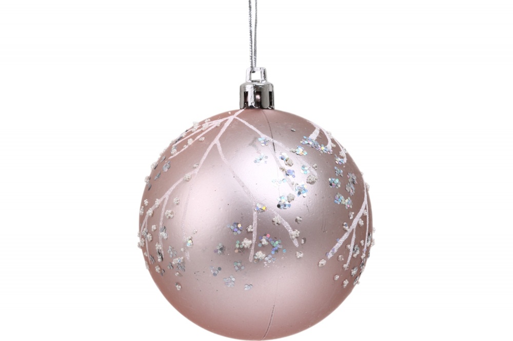 Набор елочных шаров с веточками розово-белый d 80 мм 6 шт./уп.