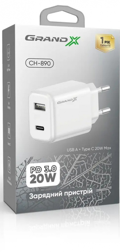 Зарядний пристрій Grand-X Fast Сharge PD3.0, QС4.0, AFC, SCP, FCP 1USB+1TypeC 20W (CH-890)