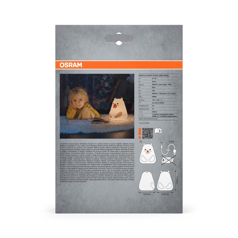 Ночник светодиодный Osram Nightlux Touch RGBW Bear USB-C 0,7 Вт белый