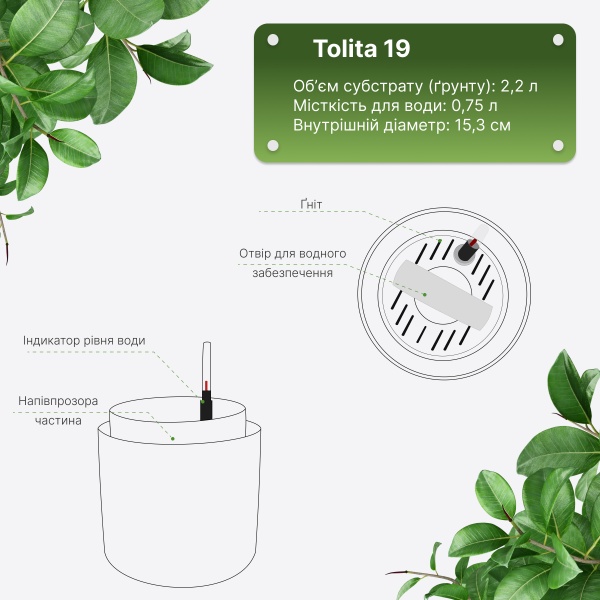 Вазон пластиковий Plastia з системою автополиву Tolita 19 см круглий 2,2 л сірий (1707081920R) 