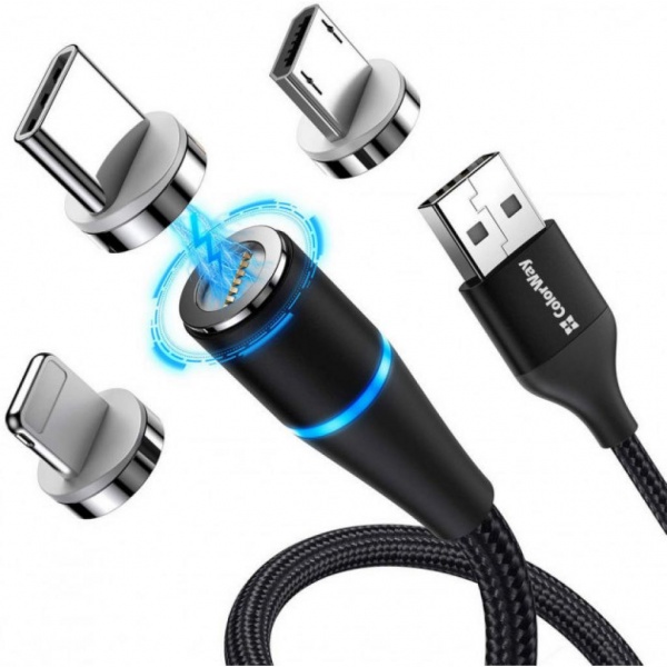 Кабель ColorWay USB - 3в1 Lightning + Micro 5P + Type-C Magnetic 1 м чорний 
