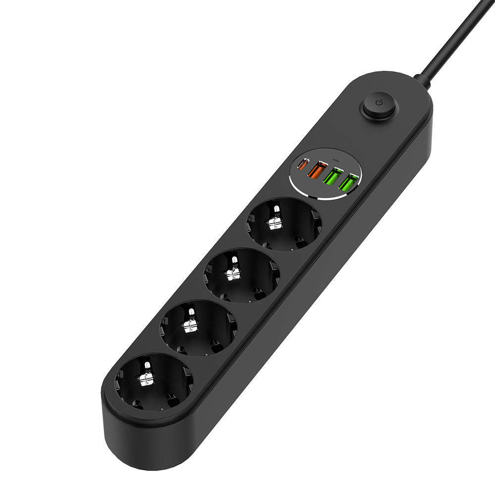 Сетевой фильтр ColorWay 4USB (Type-C PD20W + 3USB QC3.0) (45W) с заземлением 4 гн. черный 2 м CW-CHE44PDB