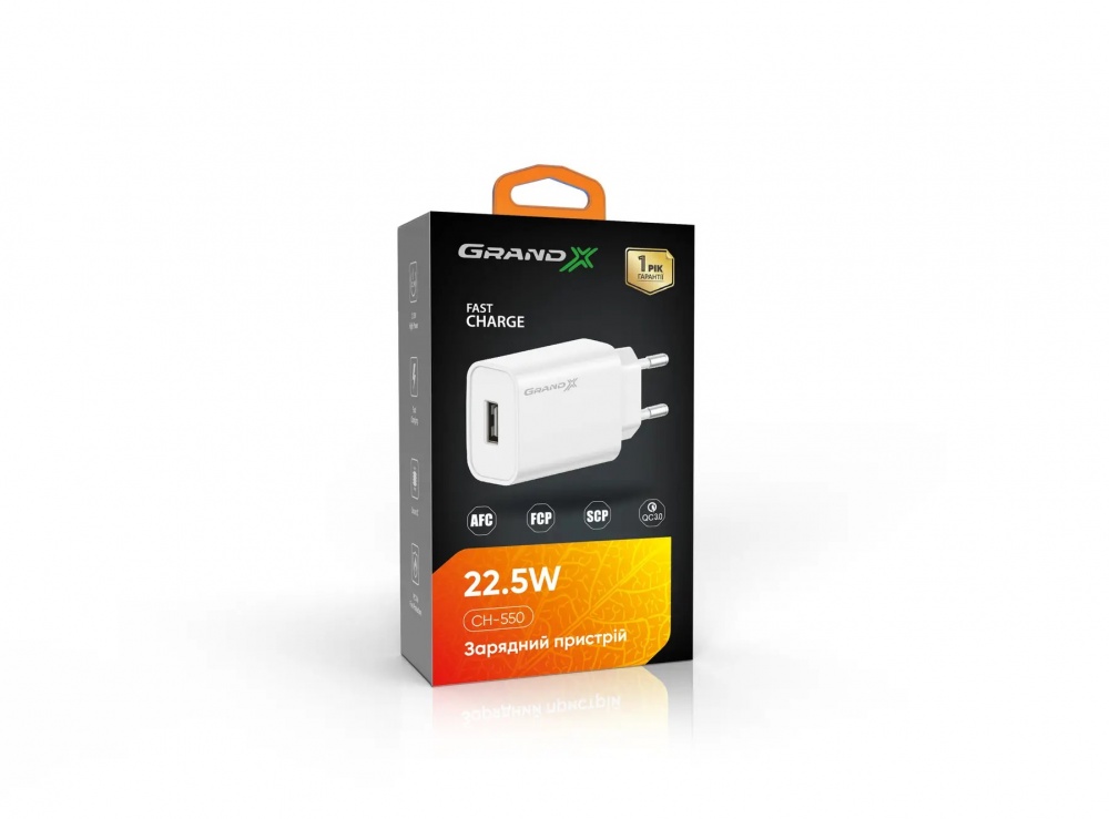 Зарядний пристрій Grand-X Quick Charge QС3.0 3.6V-6.5V 3A, 6.5V-9V 2A, 9V-12V 1.5A USB (CH-550W)