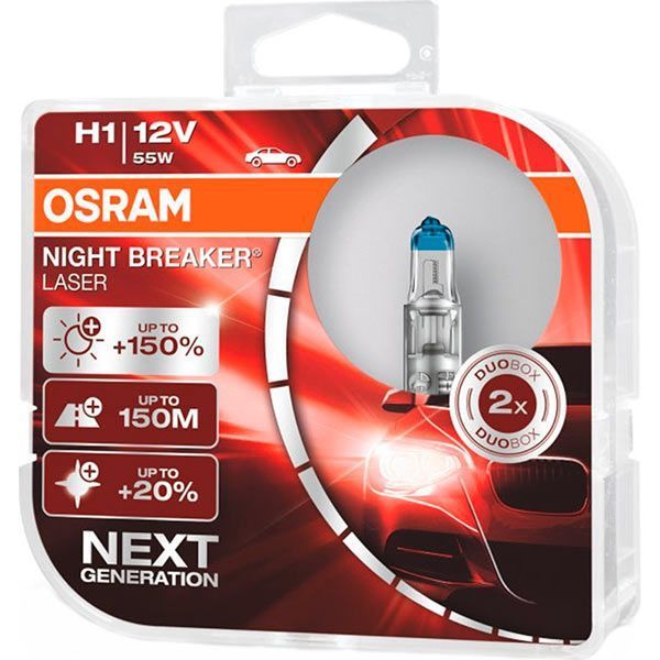 Лампа галогенна Osram Night Breaker LASER NG +150% HardDuopet (64150NLHCB) H1 P14.5s 12 В 55 Вт 2 шт 3950