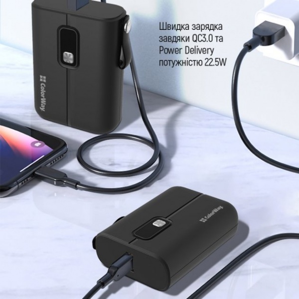 Внешний аккумулятор (Powerbank) ColorWay Full power Ligthning + USB QC3.0 + USB-C PD 22.5W 10000 mAh black (CW-PB100LPK2BK-PDD) 