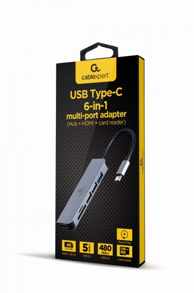 Док-станція Cablexpert USB-C 6-в-1 (хаб/HDMI/картридер dark grey (A-CM-COMBO6-02) 