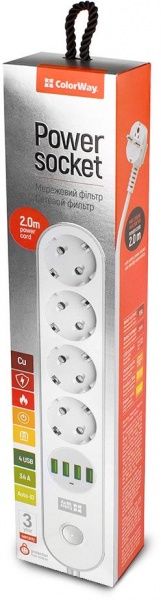 Мережевий фільтр ColorWay із заземленням 4 гн. білий 2 м CW-CHE44W 