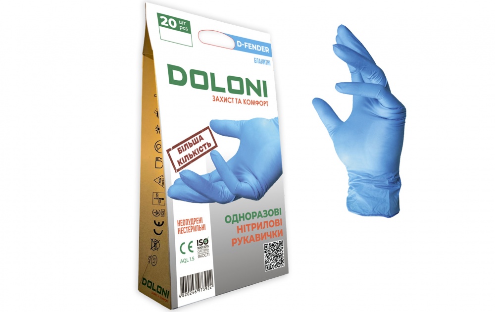 Перчатки медицинские Doloni нитриловые D-FENDER 3812 неопудренные голубые р.XL 20 шт./уп.